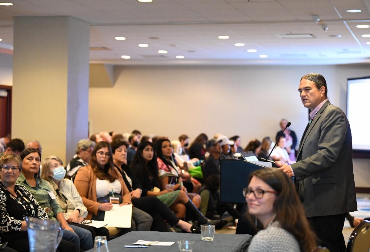 Donald Warne, physician, co-director for the Center for Indigenous Health at Johns Hopkins, and member of the Oglala Sioux Tribe, speaks at the National Indian Health Board conference in Washington, D.C.